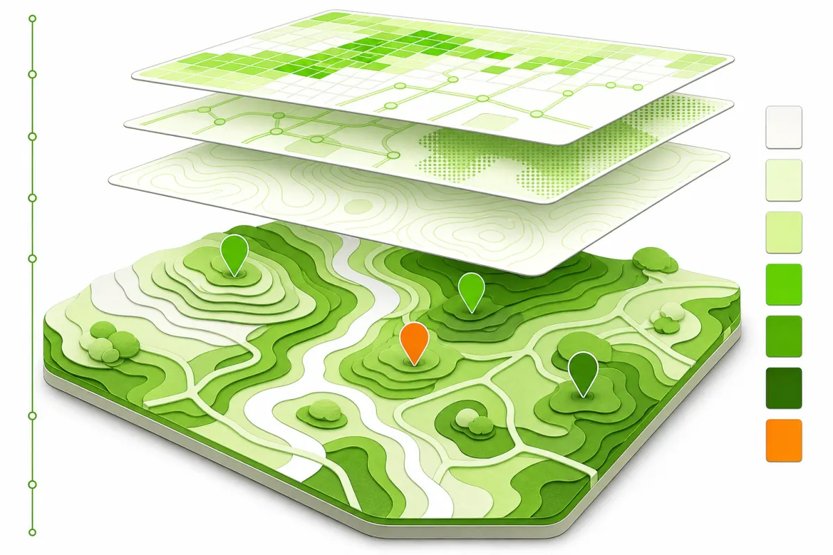 Layered green paper terrain with contours, routes, map pins, and hovering spatial data sheets.